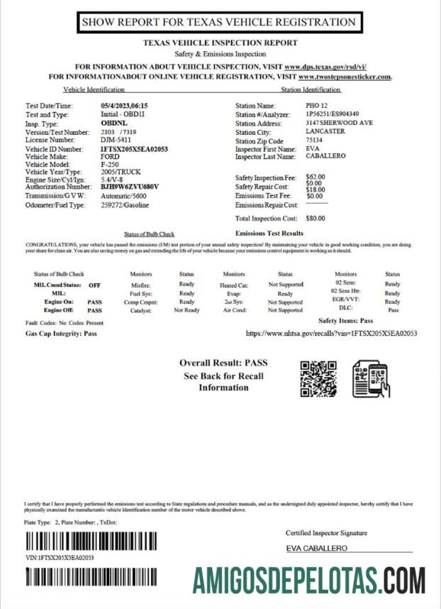 Modelo de relatório de inspeção de veículos nos EUA Texas